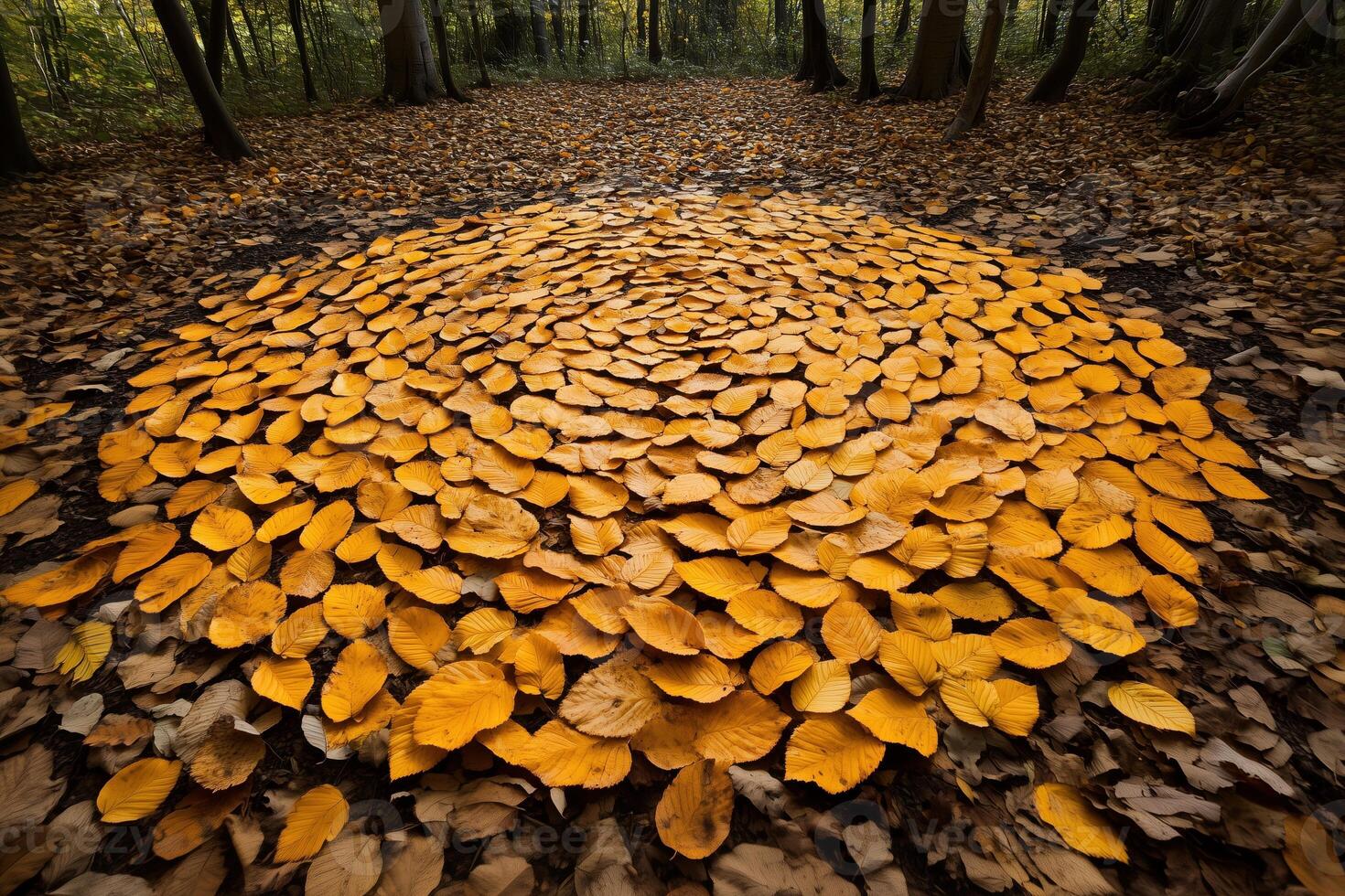 Artistic Arrangement of Golden Autumn Leaves in a Circular Pattern on a Forest Floor photo