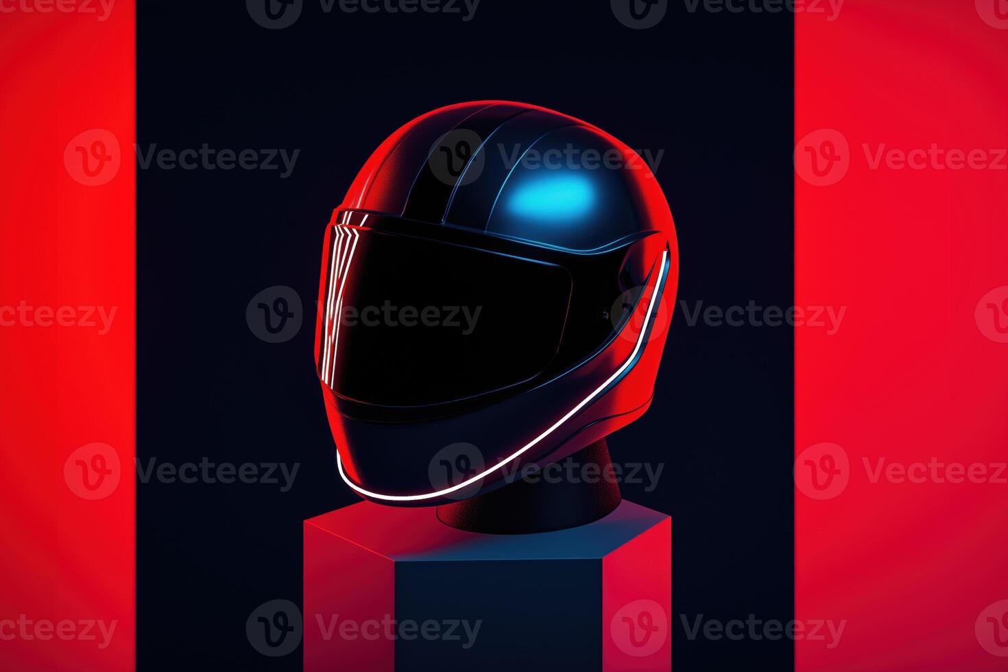 Futuristic black helmet with red and blue neon lighting photo