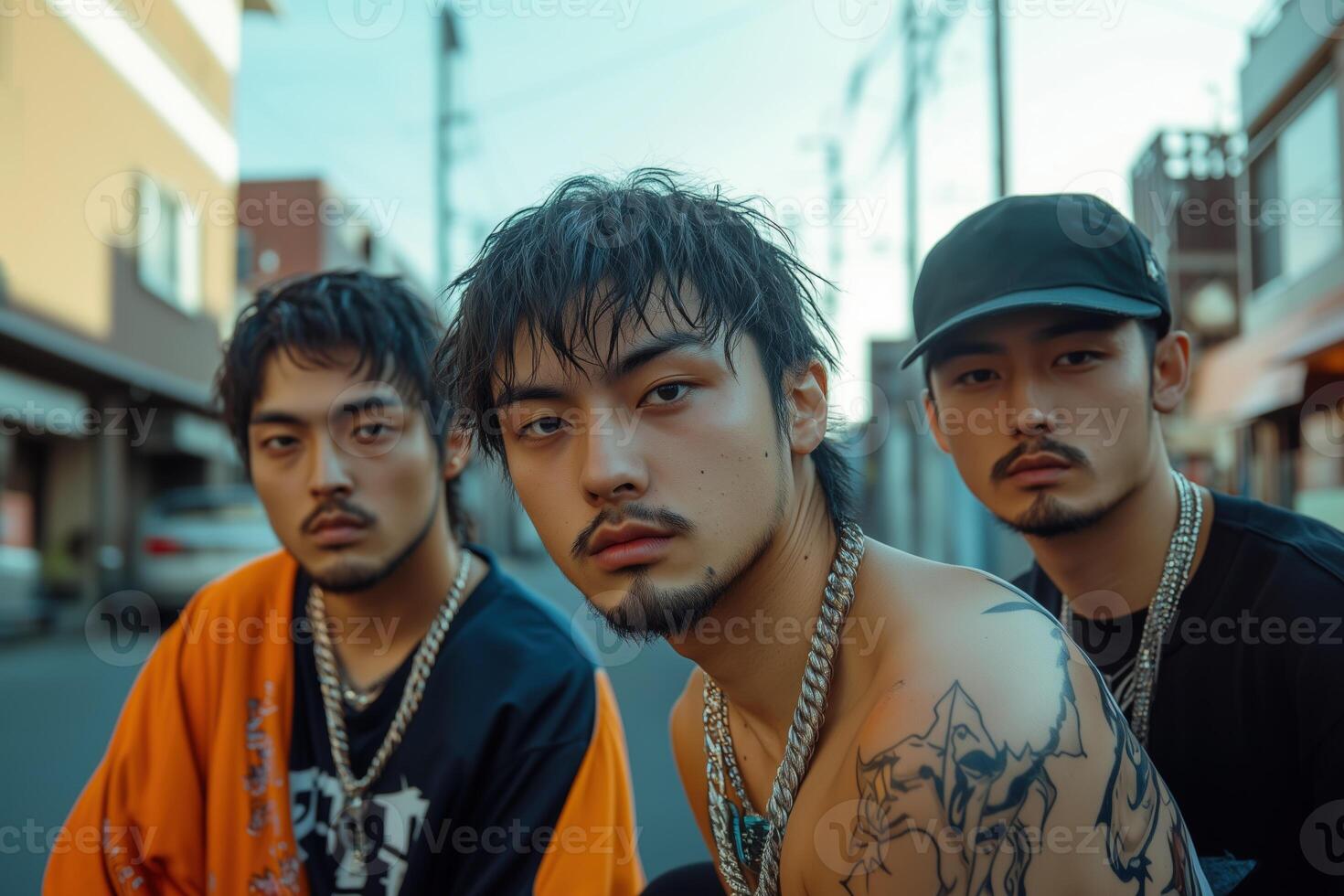 Urban Japanese Street Style Trio Posing in City with Edgy Fashion photo