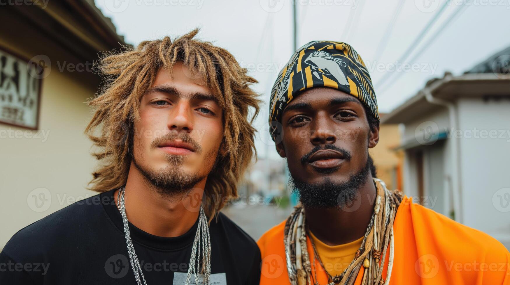 Close-up portrait of two stylish friends with unique fashion and accessories in an urban street setting photo