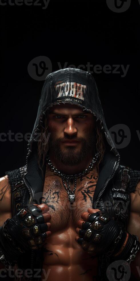 Intense portrait of a rugged warrior with tattoos and a hood in a dark dramatic setting for edgy mobile wallpaper design photo