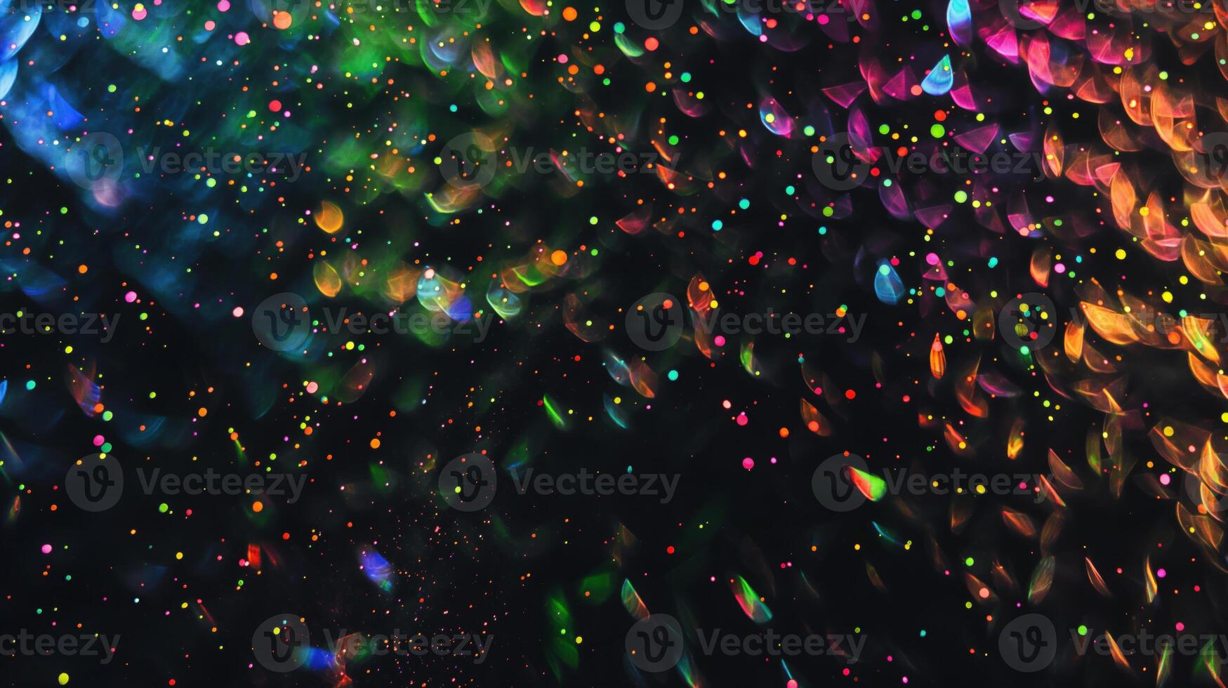 Vibrant abstract bokeh lights with multicolored glowing particles on a dark background photo
