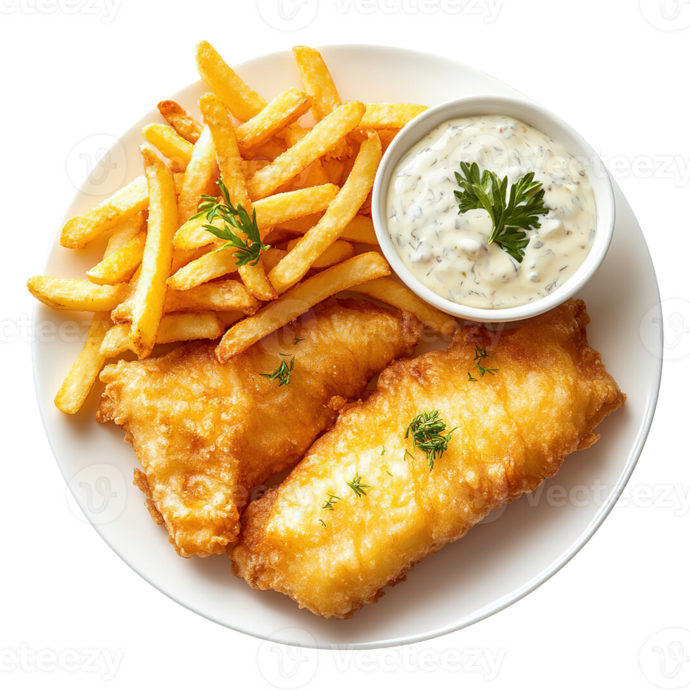 Authentic British-Style Fish and Chips with Crunchy Battered Fish Crispy Fries and Fresh Herbs on a Plate png