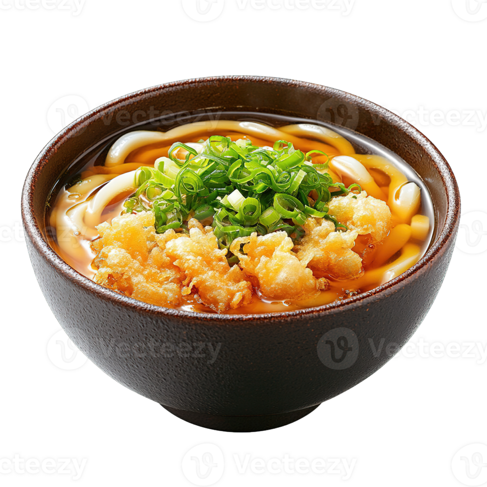 Close-up of Japanese Udon Soup with Crispy Tempura and Green Onion Toppings in a Dark Ceramic Bowl png