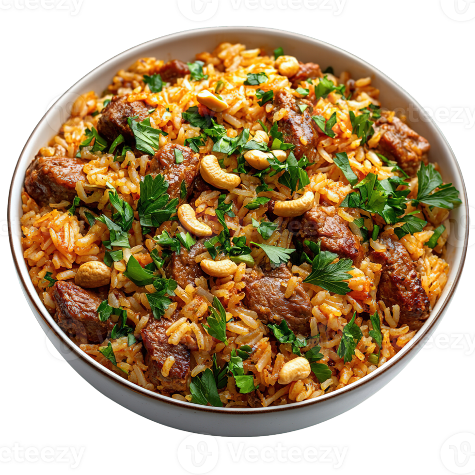 Delicious Turkish-Style Pilaf with Fragrant Basmati Rice Succulent Beef and Crunchy Cashews Garnished with Fresh Parsley png