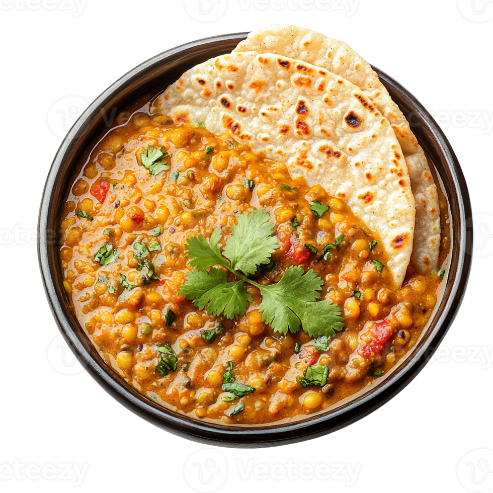 Warm and Flavorful Indian Dal Tadka with Golden Lentils, Spices, and Roti Isolated on Transparent Background png