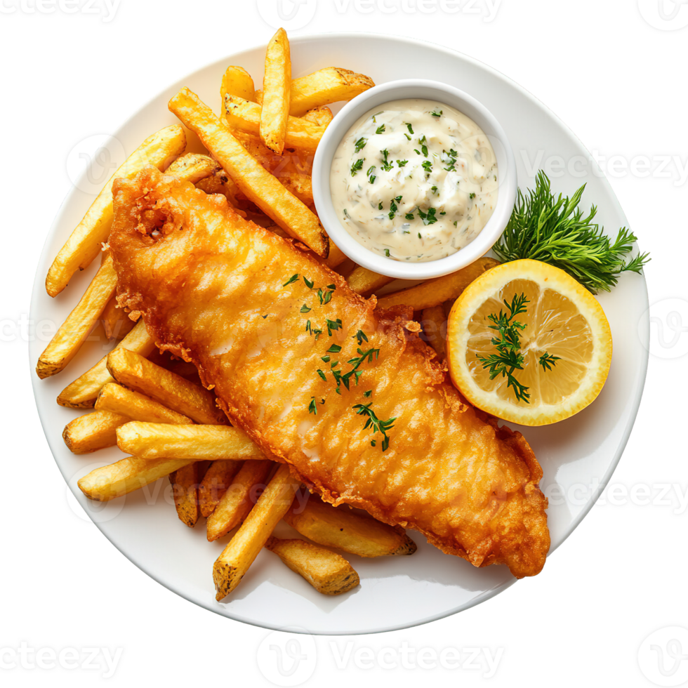 Traditional English Fish and Chips with Deep-Fried Battered Fish Crunchy Fries and Fresh Lemon Garnish png