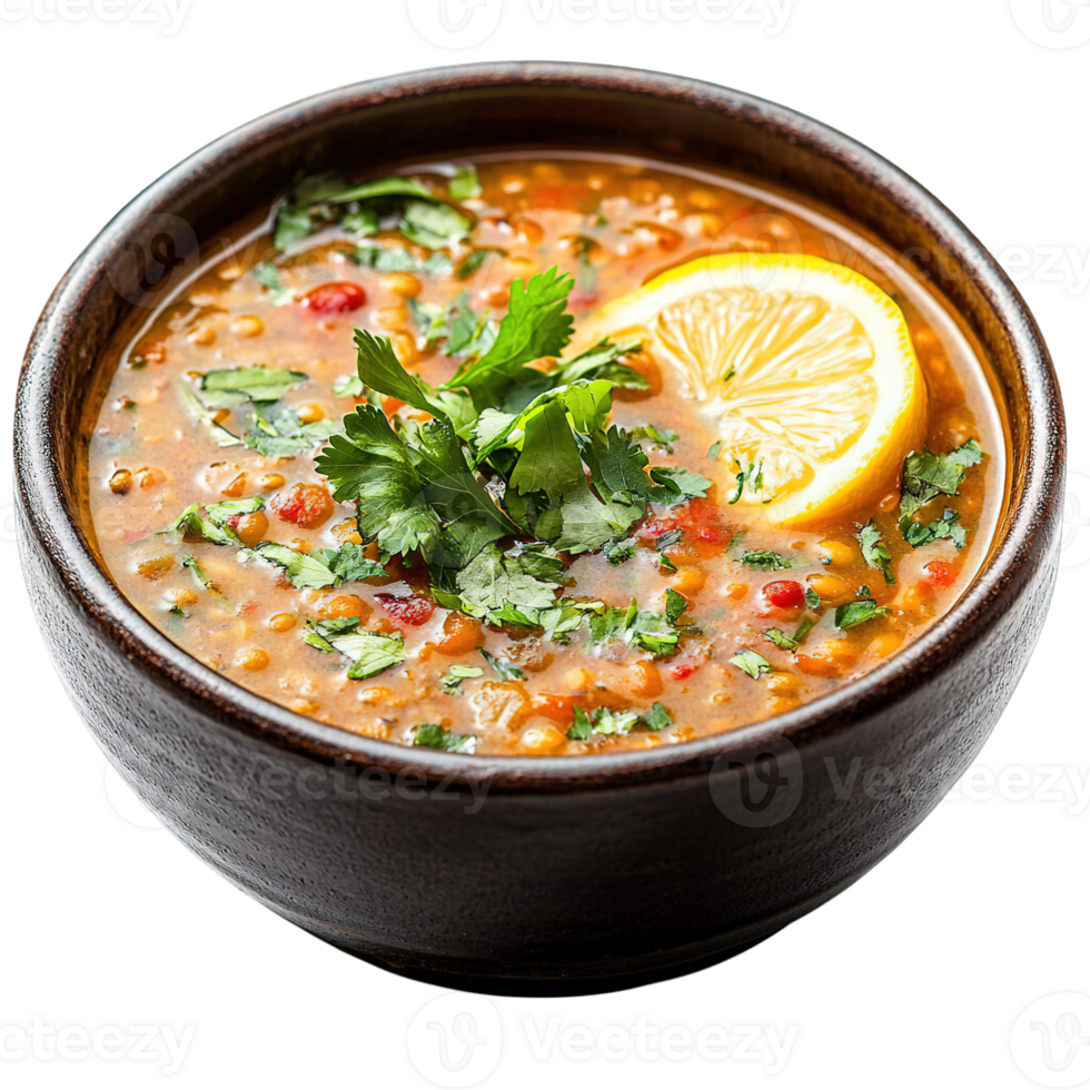 Delicious and Nutritious Middle Eastern Lentil Soup with Spices, Chopped Cilantro, and Lemon png