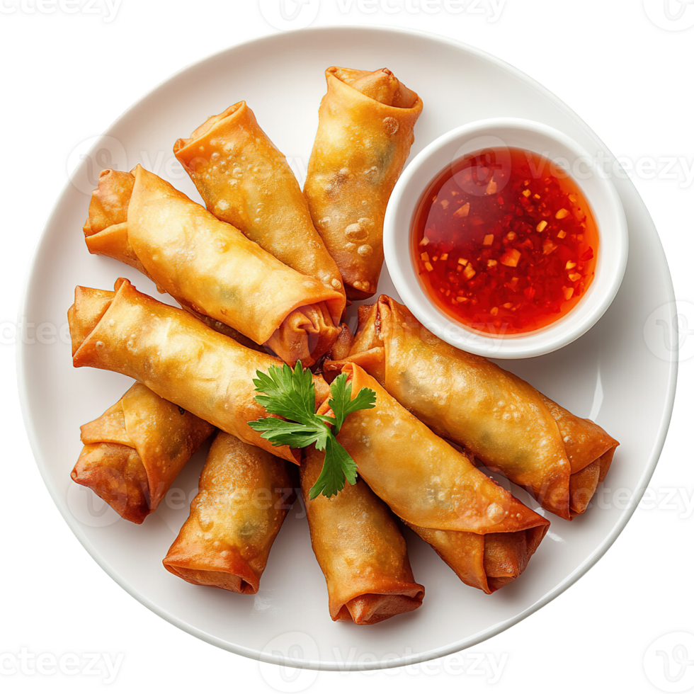 Crispy lumpia served with a sweet and spicy sauce and fresh herb garnish png