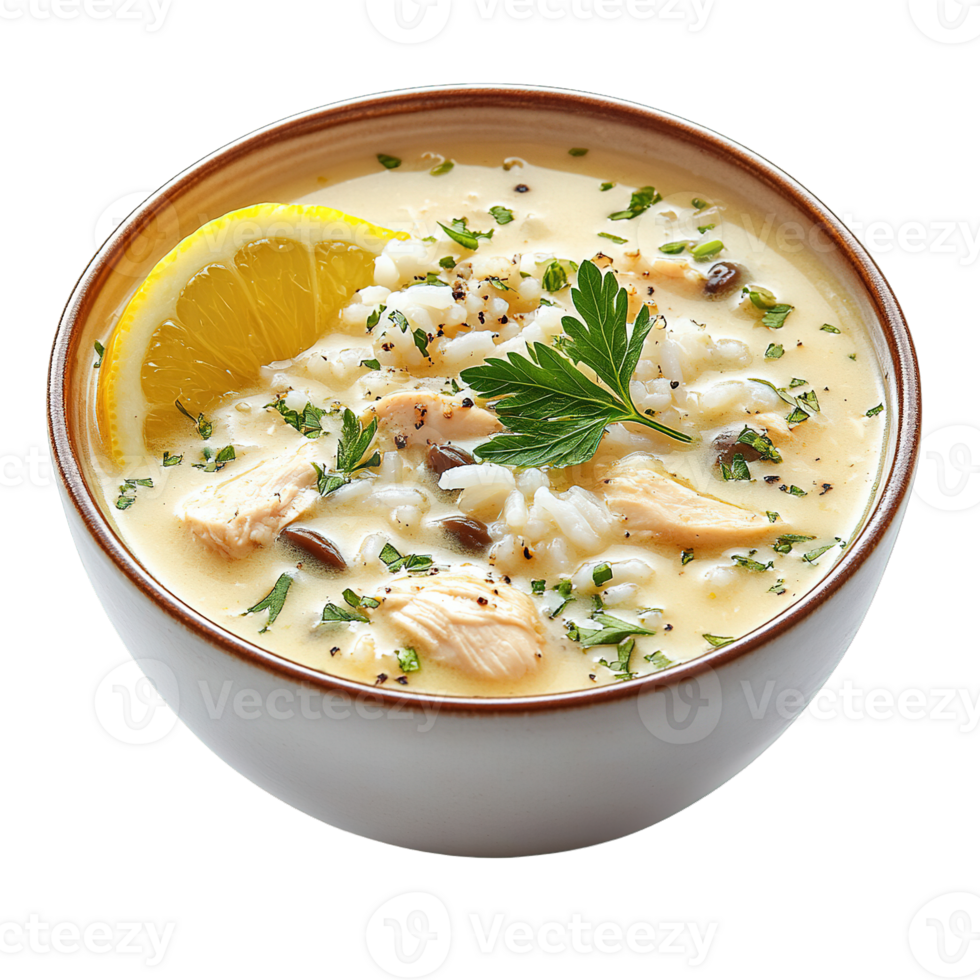 Delicious Greek Avgolemono Soup with Chicken, Rice, and Lemon Isolated on Transparent Background png