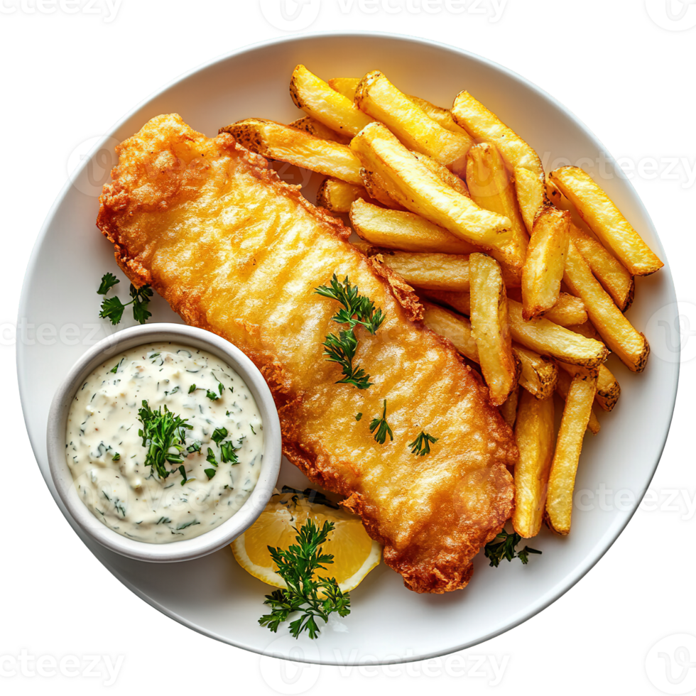 Tasty Deep-Fried Fish Fillet with Classic British Chips and a Side of Tartar Sauce and Lemon Wedge png