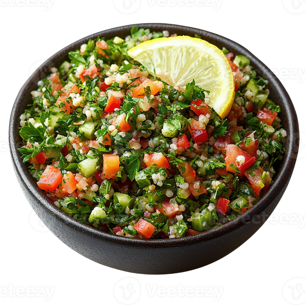 Authentic Lebanese Tabbouleh Salad with Fresh Parsley, Bulgur, Tomatoes, and Lemon Isolated on Transparent Background png