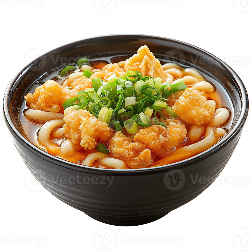 Steaming Hot Udon Noodles Soup with Golden Fried Tempura and Garnished with Freshly Chopped Green Onions png