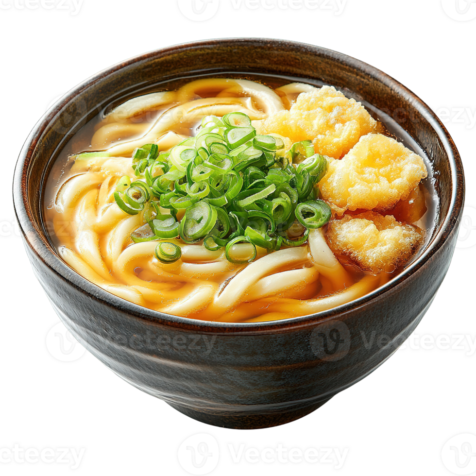 Tasty Udon Noodles Soup with Deep-Fried Tempura Shrimp and Fresh Spring Onions png