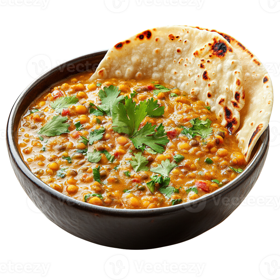 Close-up of a Bowl of Indian Dal Topped with Coriander and Served with Freshly Baked Chapati png