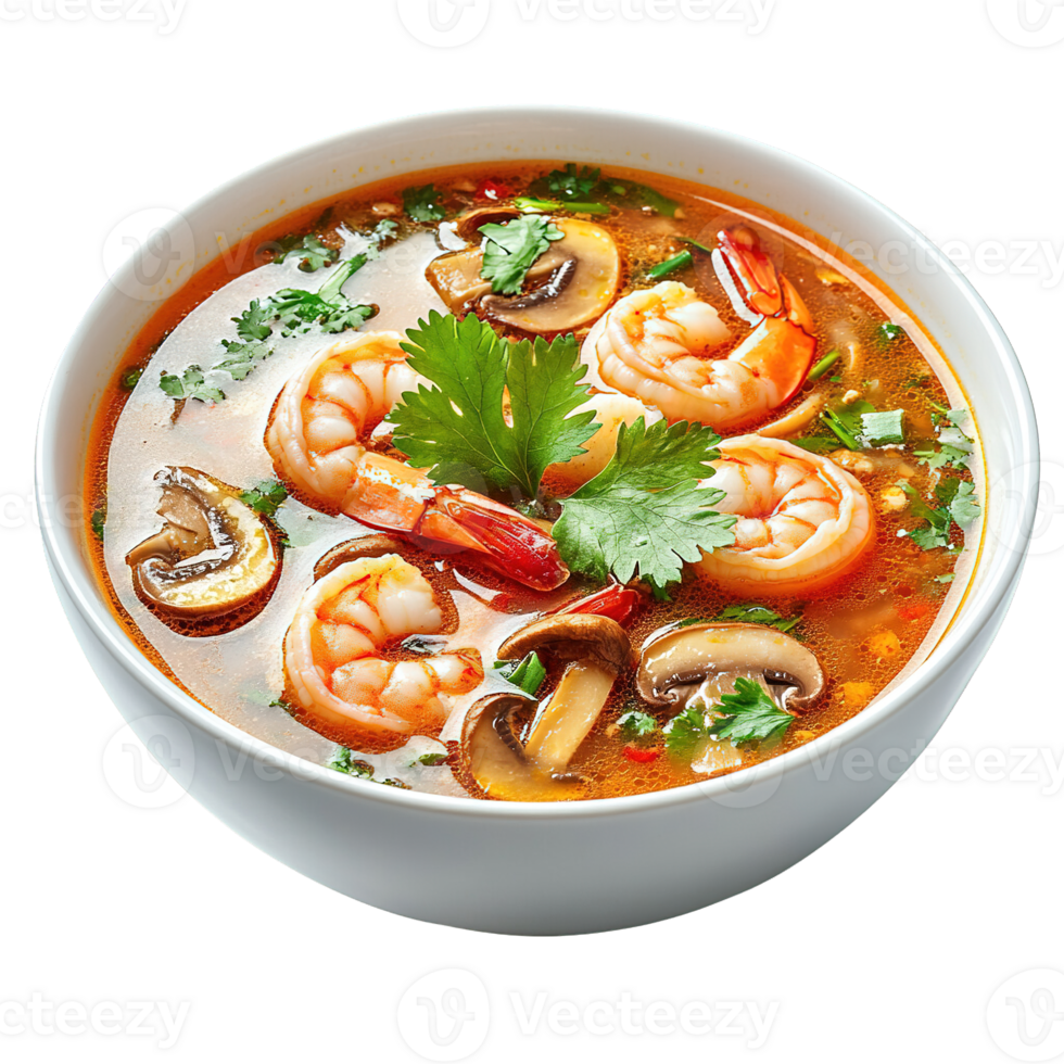 Delicious Traditional Thai Tom Yum Goong Soup with Juicy Prawns Mushrooms and Aromatic Herbs in a Flavorful Spicy Broth png