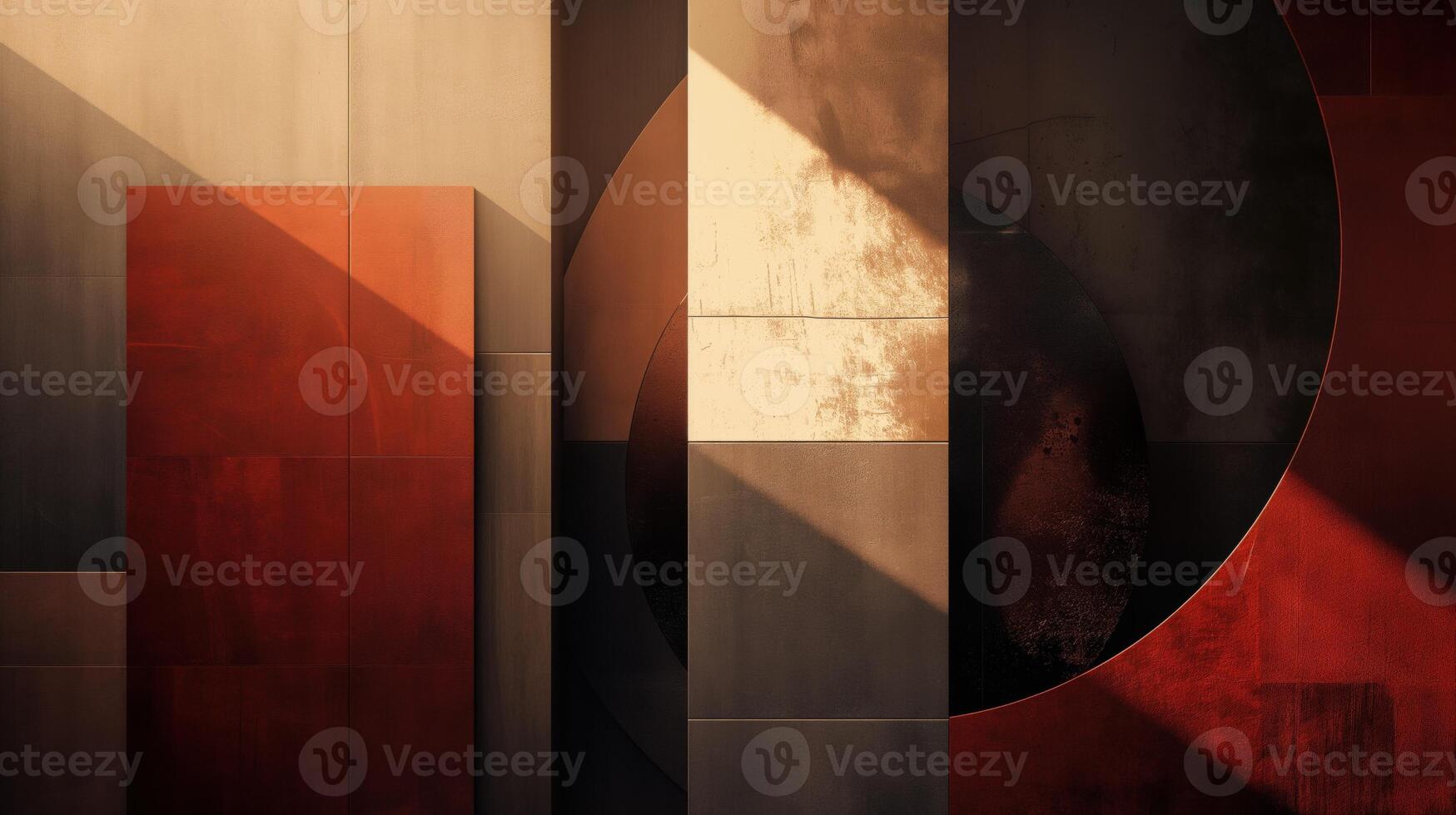 Geometric abstract artwork with bold red, beige, and black shapes and textured surfaces photo