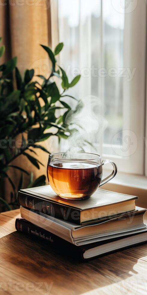 Cozy glass cup of tea on stacked books by a window with natural light and green plants for a peaceful lifestyle wallpaper photo