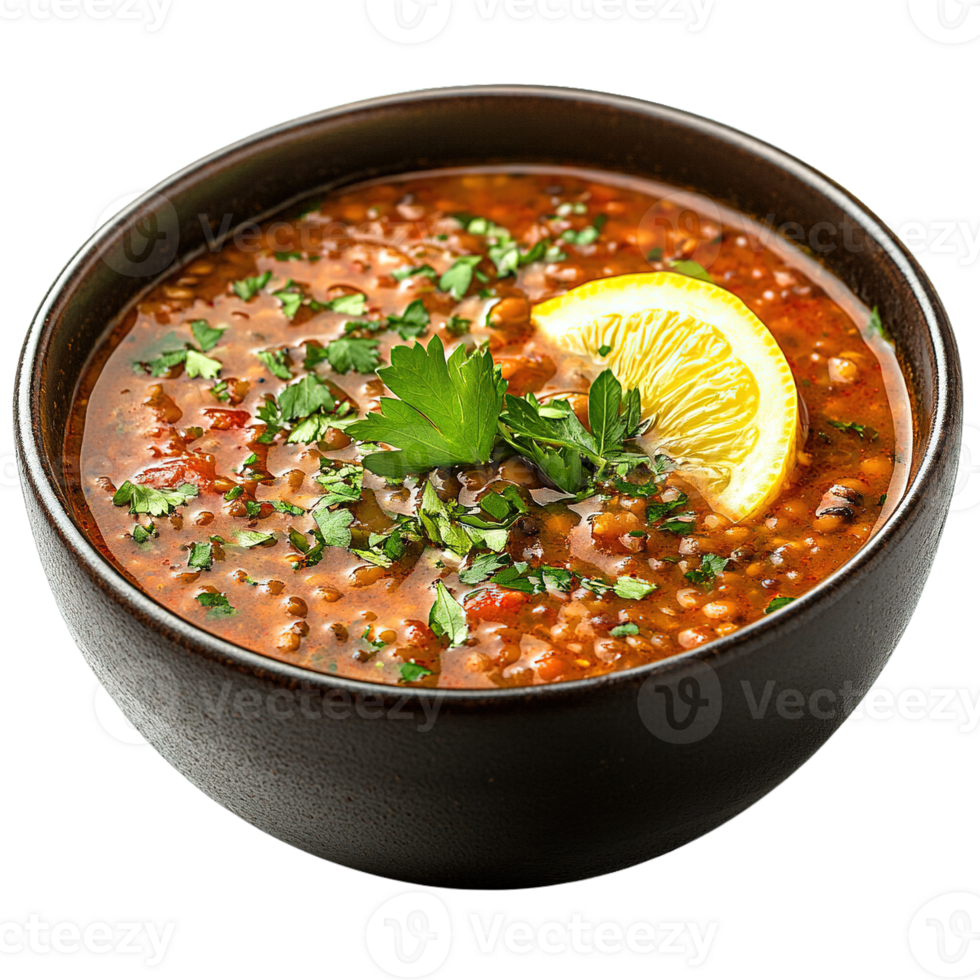 Authentic Middle Eastern Lentil Soup with Aromatic Spices, Fresh Parsley, and a Wedge of Lemon png