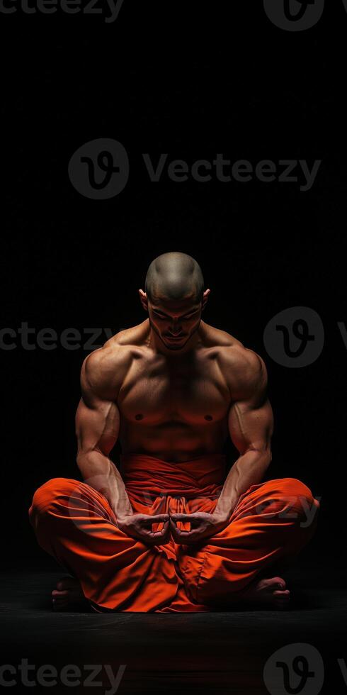 Muscular monk in deep meditation with orange robe in dark setting focusing on energy flow photo