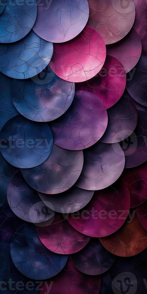 Abstract textured design with vibrant layered circles in shades of purple blue and pink modern art photo