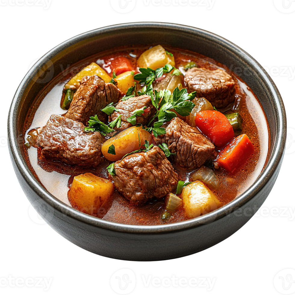 Hearty and Savory Hungarian Goulash Stew with Chunks of Beef, Carrots, and Potatoes png