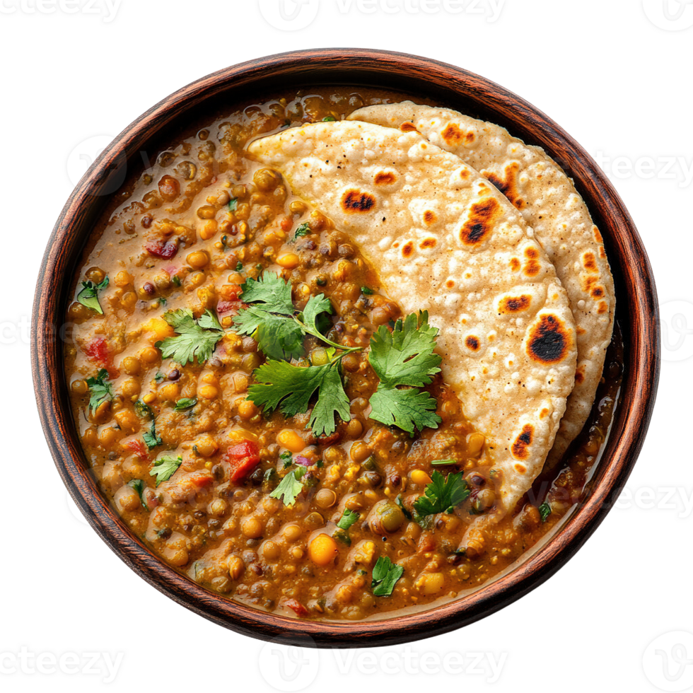 Rustic Indian Lentil Curry with Fresh Herbs and Soft Flatbread Isolated on Transparent Background png