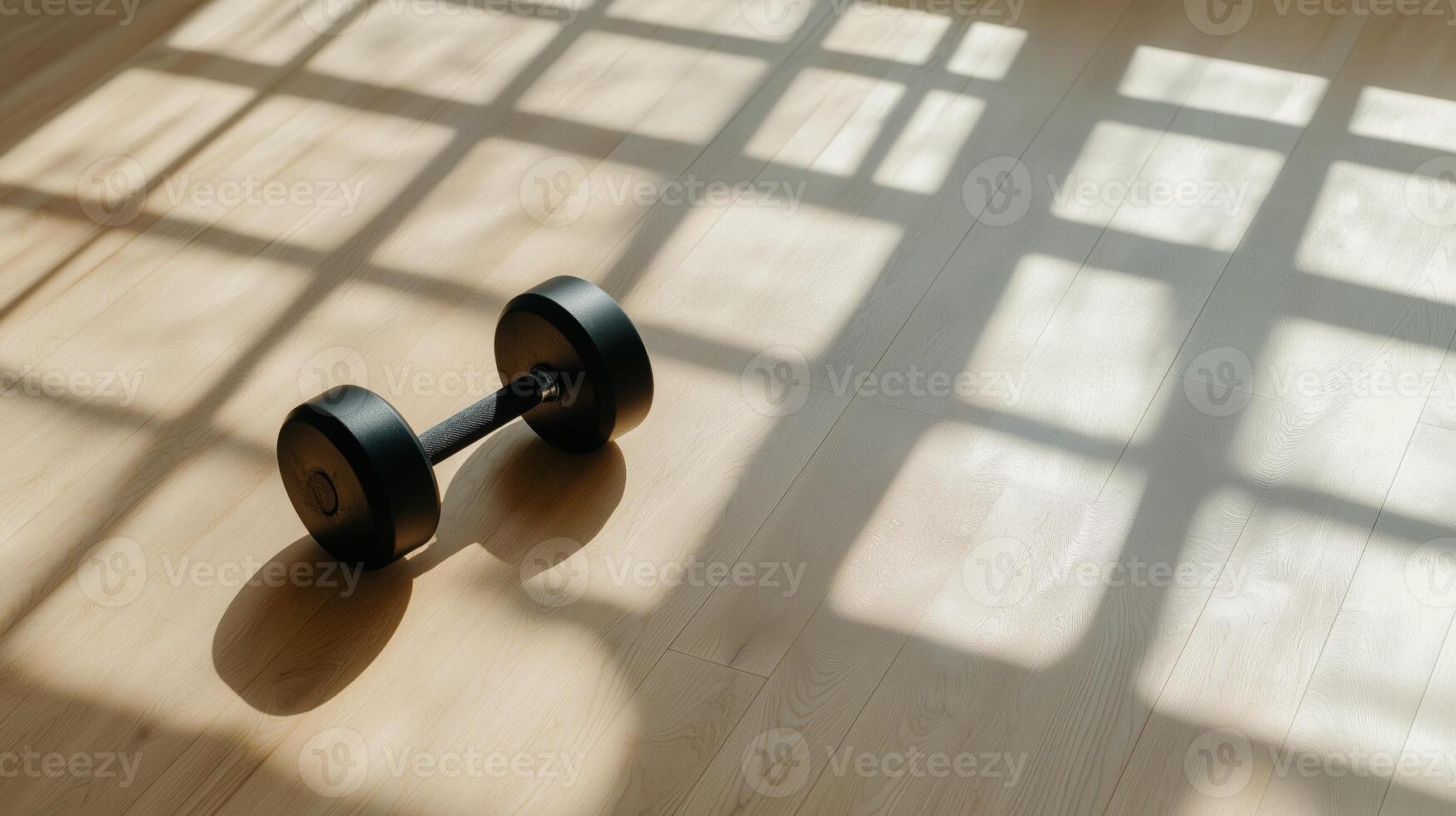 Minimalist gym scene with a single black dumbbell and window shadows on a wooden floor photo