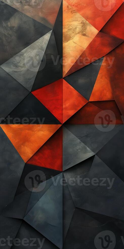 Abstract geometric art with bold red orange and dark gray tones creating a textured modern design photo