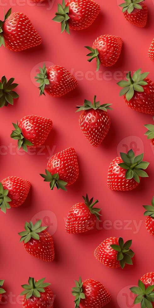Vibrant Strawberry Pattern on Bold Red Background with Fresh Glossy Fruits Digital Artwork Perfect for Mobile Wallpapers photo