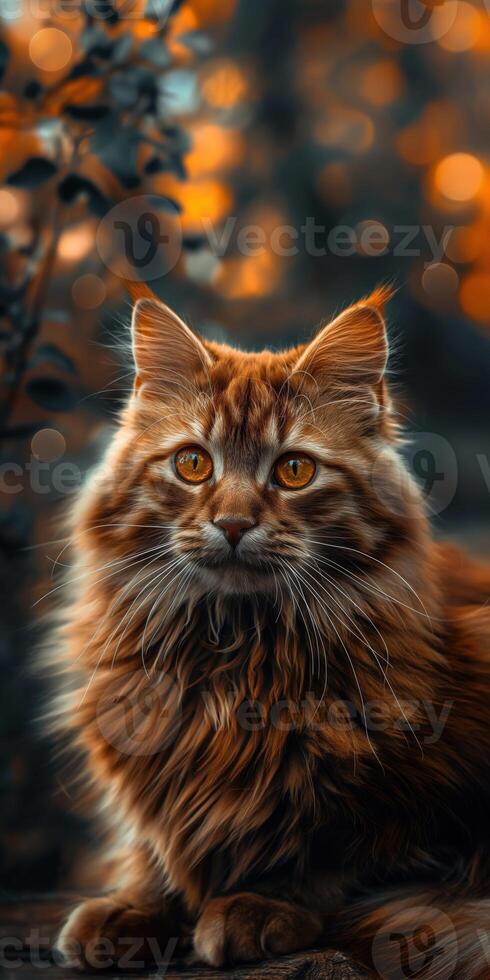 Majestic Close-Up Portrait of a Fluffy Orange Cat with Bright Eyes and Bokeh Background Perfect for Mobile Wallpapers photo