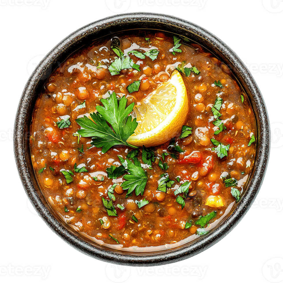 Top View of Hearty Lentil Soup with Middle Eastern Flavors, Garnished with Fresh Herbs and Lemon Wedges png
