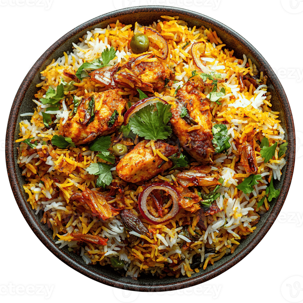 Flavorful Indian Chicken Biryani with Golden Fried Onions and Grilled Chicken Garnished with Coriander png