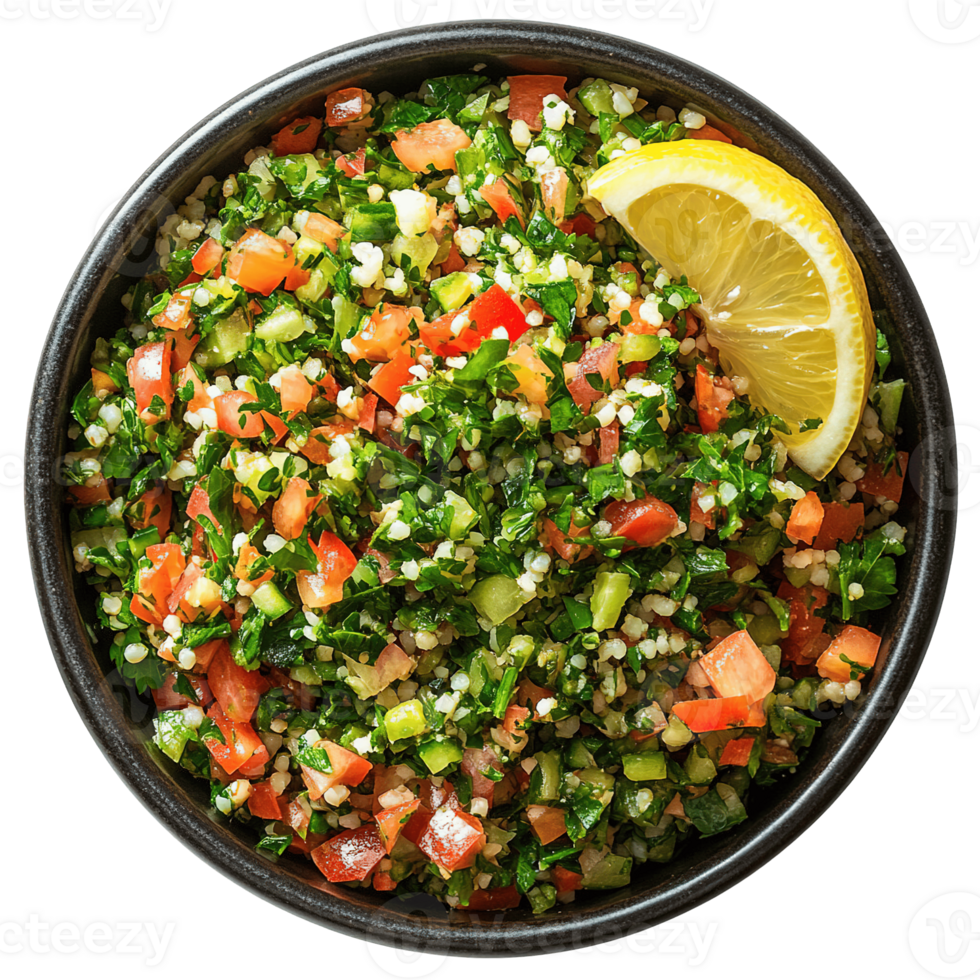 Top View of Traditional Tabbouleh Salad with Fresh Parsley, Bulgur, and Lemon Isolated on Transparent Background png
