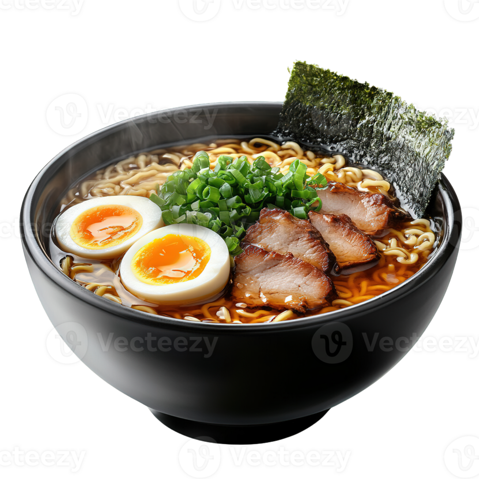 Japanese Ramen with Slow-Braised Pork, Soft-Boiled Egg, and Seaweed Garnish png