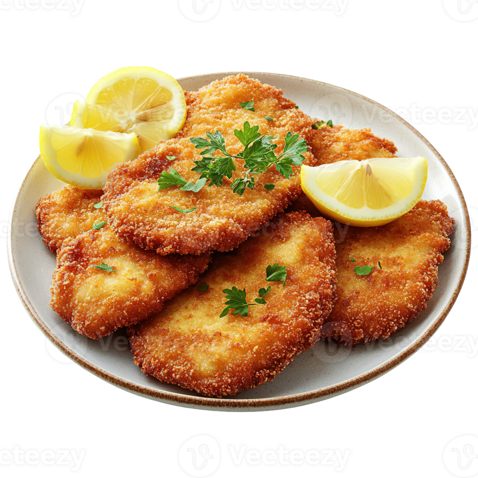 Traditional German Schnitzel with a Crunchy Breaded Coating Served with Fresh Lemon Slices on a White Plate png