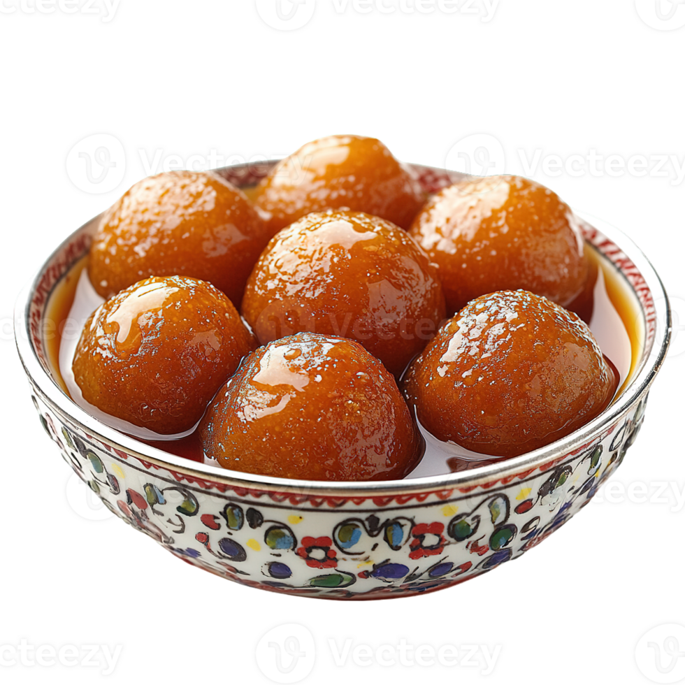 Authentic Indian Sweet Gulab Jamun with a Golden Brown Texture and Rich Syrup in a Decorative Bowl png
