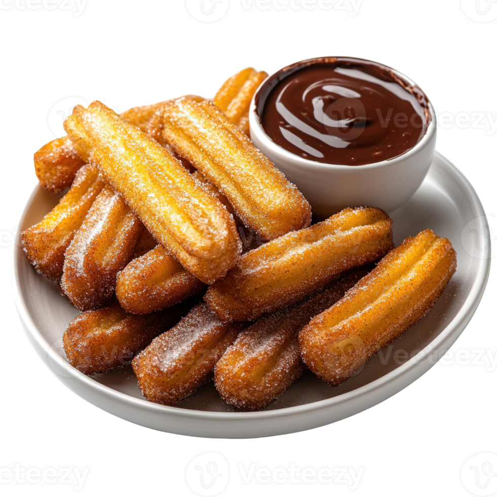 Traditional Spanish Churros with Crunchy Texture and Sweet Chocolate Sauce on a Rustic Plate png