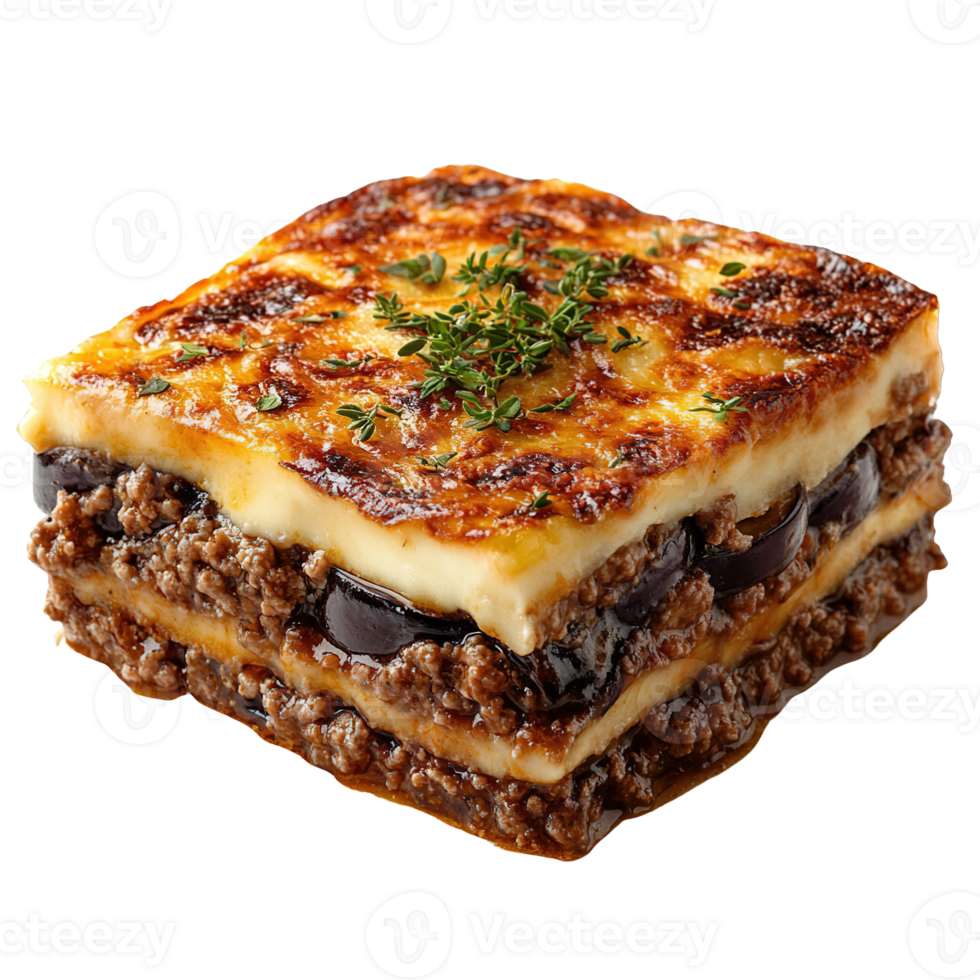 Savory Greek Moussaka with Layers of Eggplant Juicy Meat Sauce and Creamy Bechamel Topping png