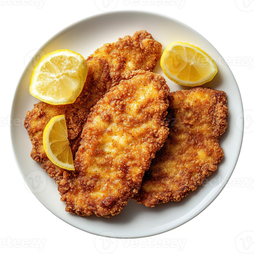 Delicious Homemade Chicken or Pork Schnitzel Fried to Perfection with a Golden Crust and Garnished with Lemon png