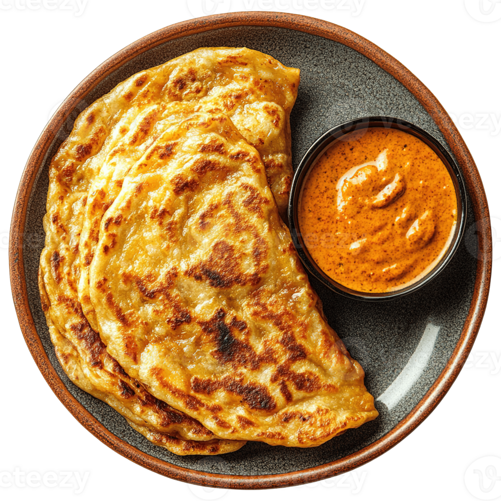 Malaysian Roti Canai Flatbread with Golden Brown Layers and Rich Curry Dipping Sauce png