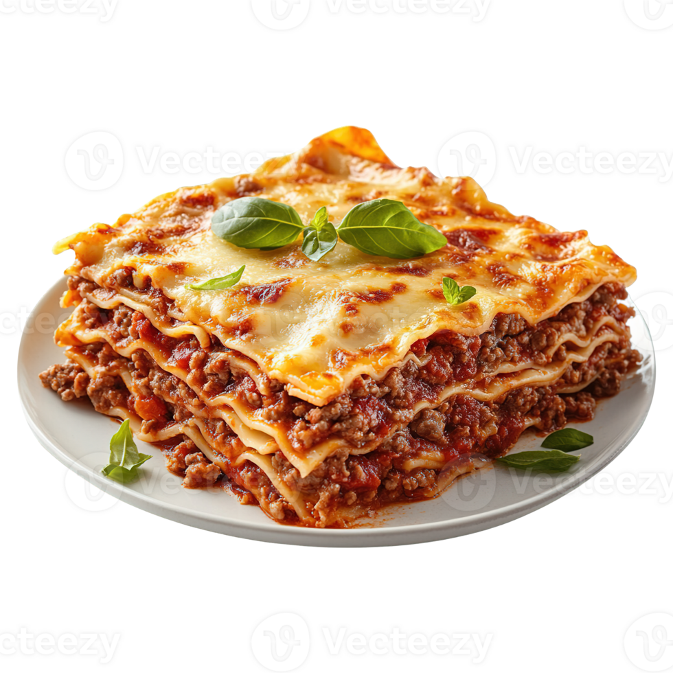 Golden Baked Italian Lasagna with Layered Pasta Ground Beef Marinara Sauce and Melted Cheese Garnished with Fresh Basil png