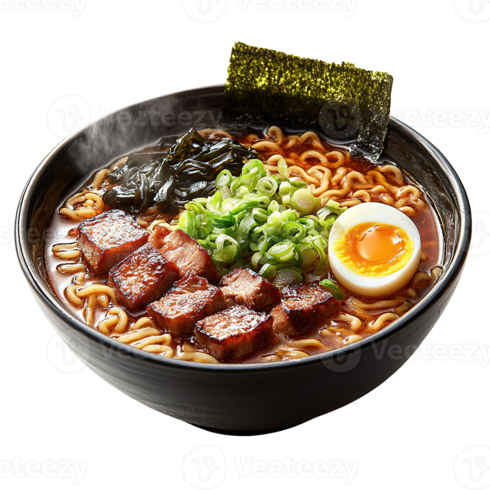 Authentic Japanese Ramen Bowl with Chashu Pork, Soft-Boiled Egg, and Scallions png