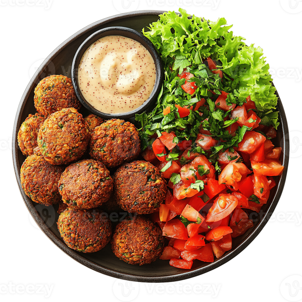 Classic Egyptian falafel with deep-fried chickpea balls served with fresh vegetables and hummus png