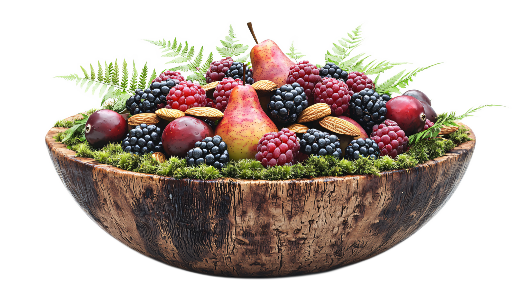 Vibrant Fresh Fruits and Nuts in Rustic Wooden Bowl Surrounded by Greenery and Moss png