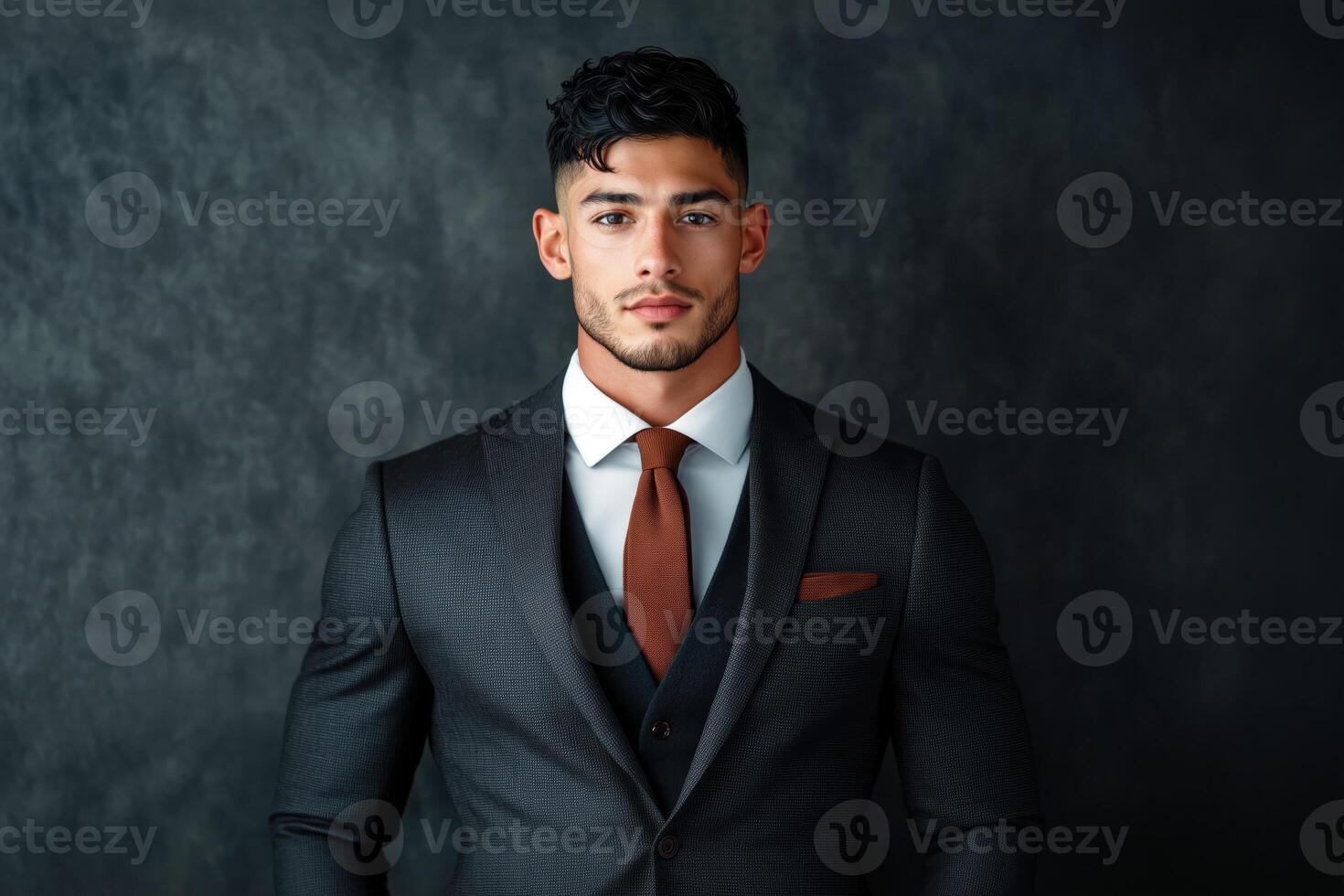 Confident young man wearing a formal black suit and tie posing against a dark textured background photo