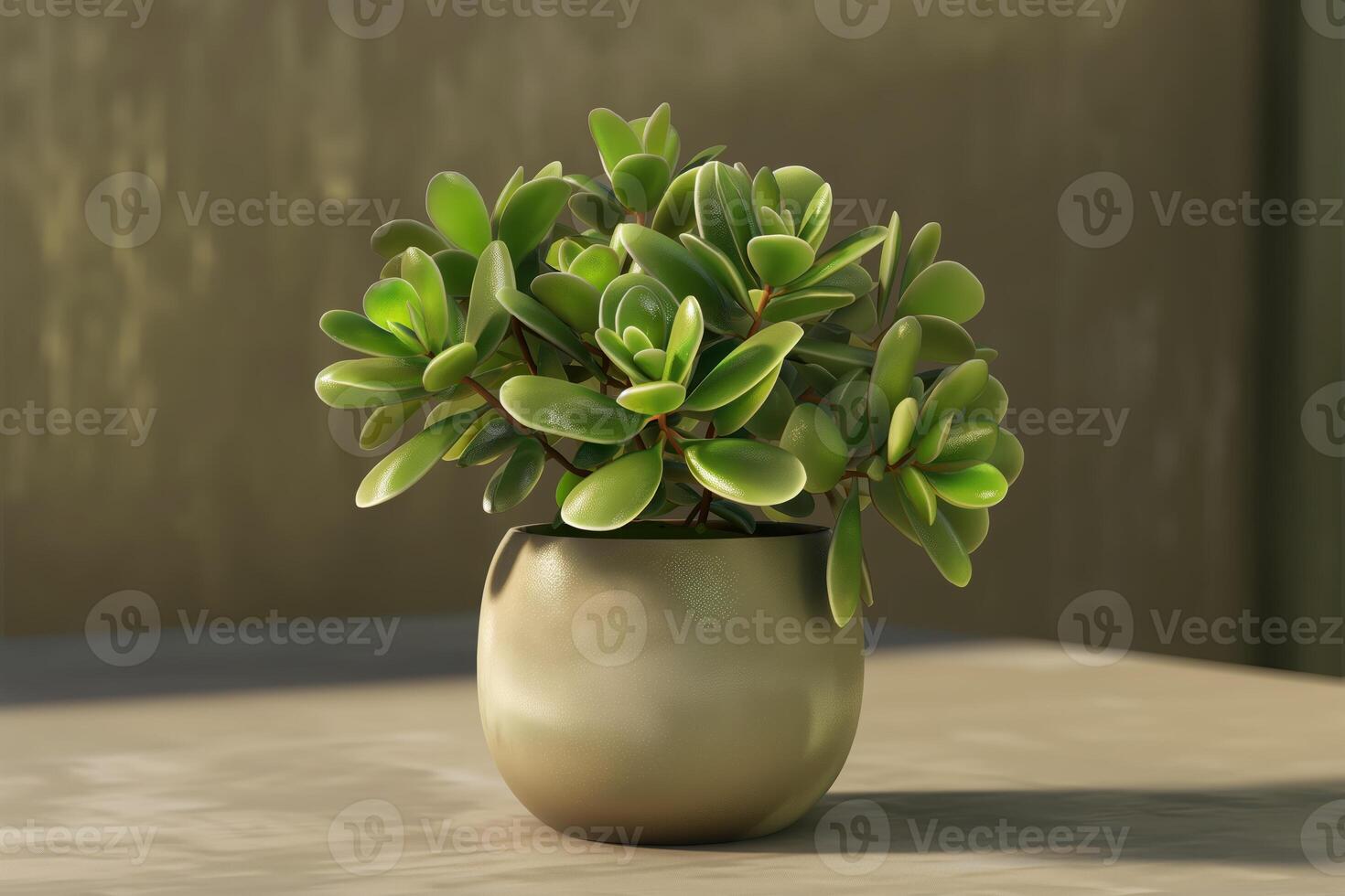Jade plant in a textured ceramic pot placed on a wooden surface with soft natural lighting photo