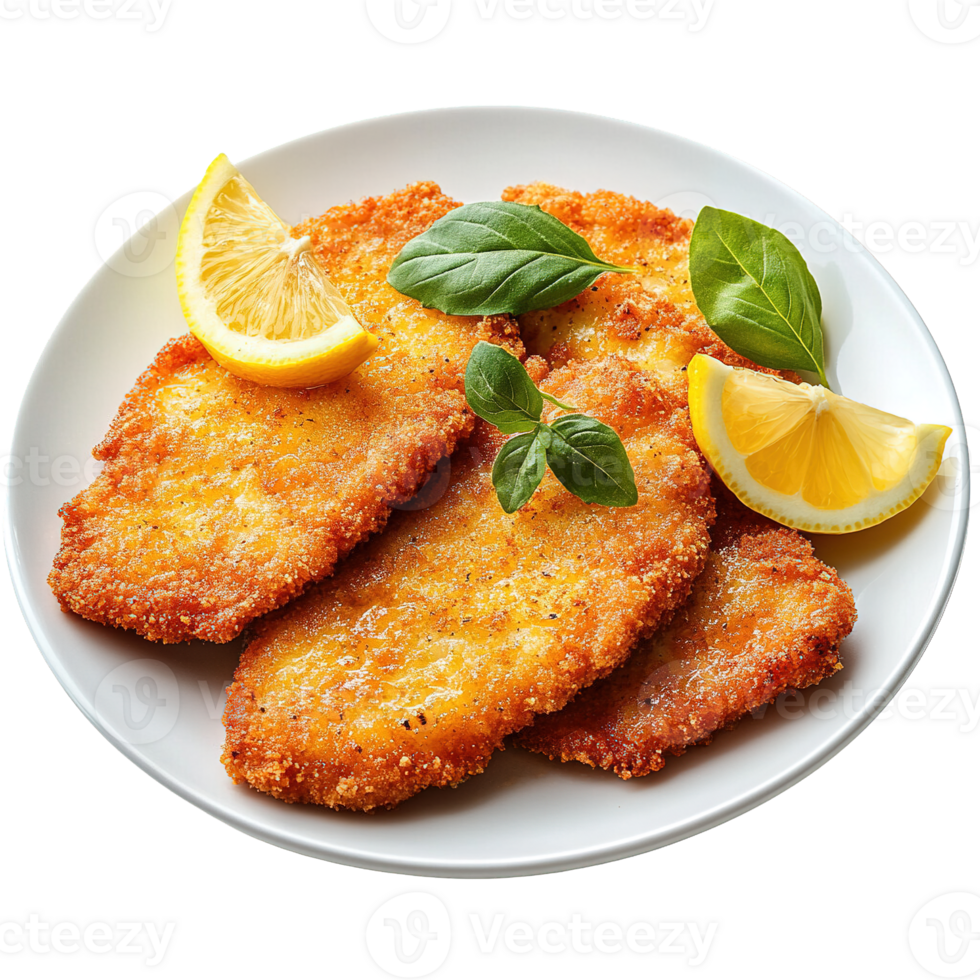 Appetizing Plate of Breaded and Fried Schnitzel Cutlets with Fresh Basil and Lemon png