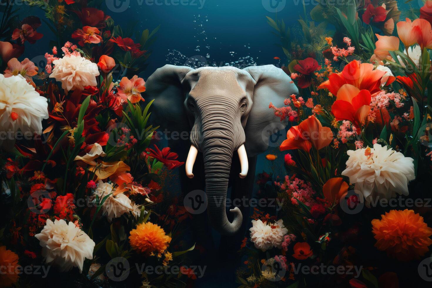 Surreal artwork of an elephant submerged underwater surrounded by vibrant red and white flowers in a dreamlike setting photo