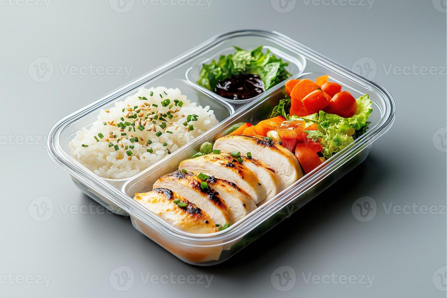 Grilled chicken meal prep with rice, fresh vegetables, and dipping sauce in a clear container photo